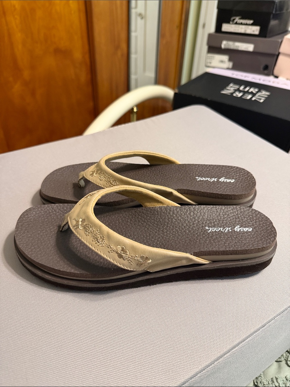 easy street tan Embroidered Strap Flip Flop Sandals